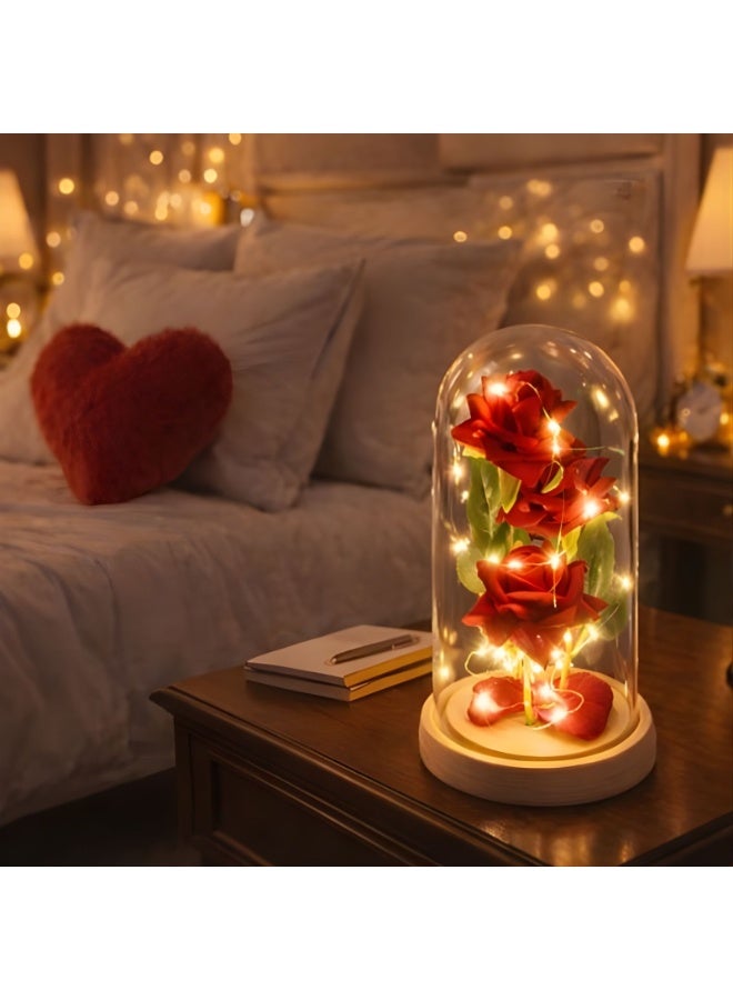 Home Care ديكور زهرة الورد تحت قبة زجاجية مع أضواء LED، عرض أنيق رومانسي للطاولة لغرفة النوم، غرفة المعيشة وزينة الهدايا - Image 2